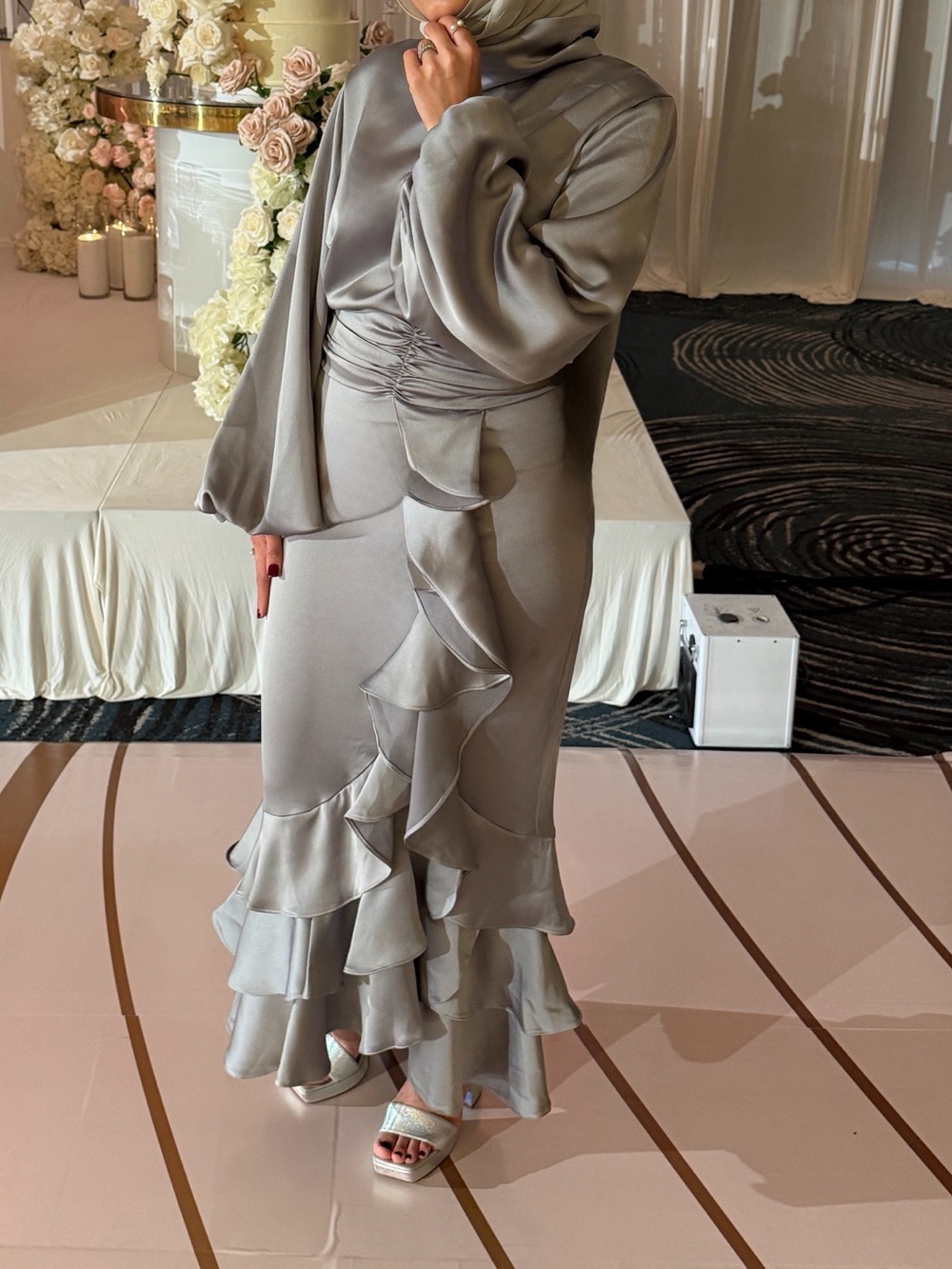 Ruffle-Trim Long Sleeve Satin Dress in Silver Gray